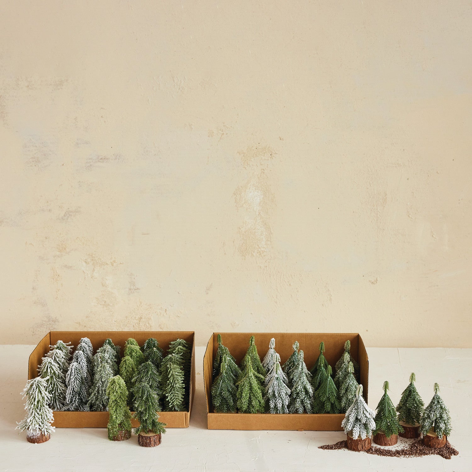 Faux Evergreen Trees with Natural Wood
