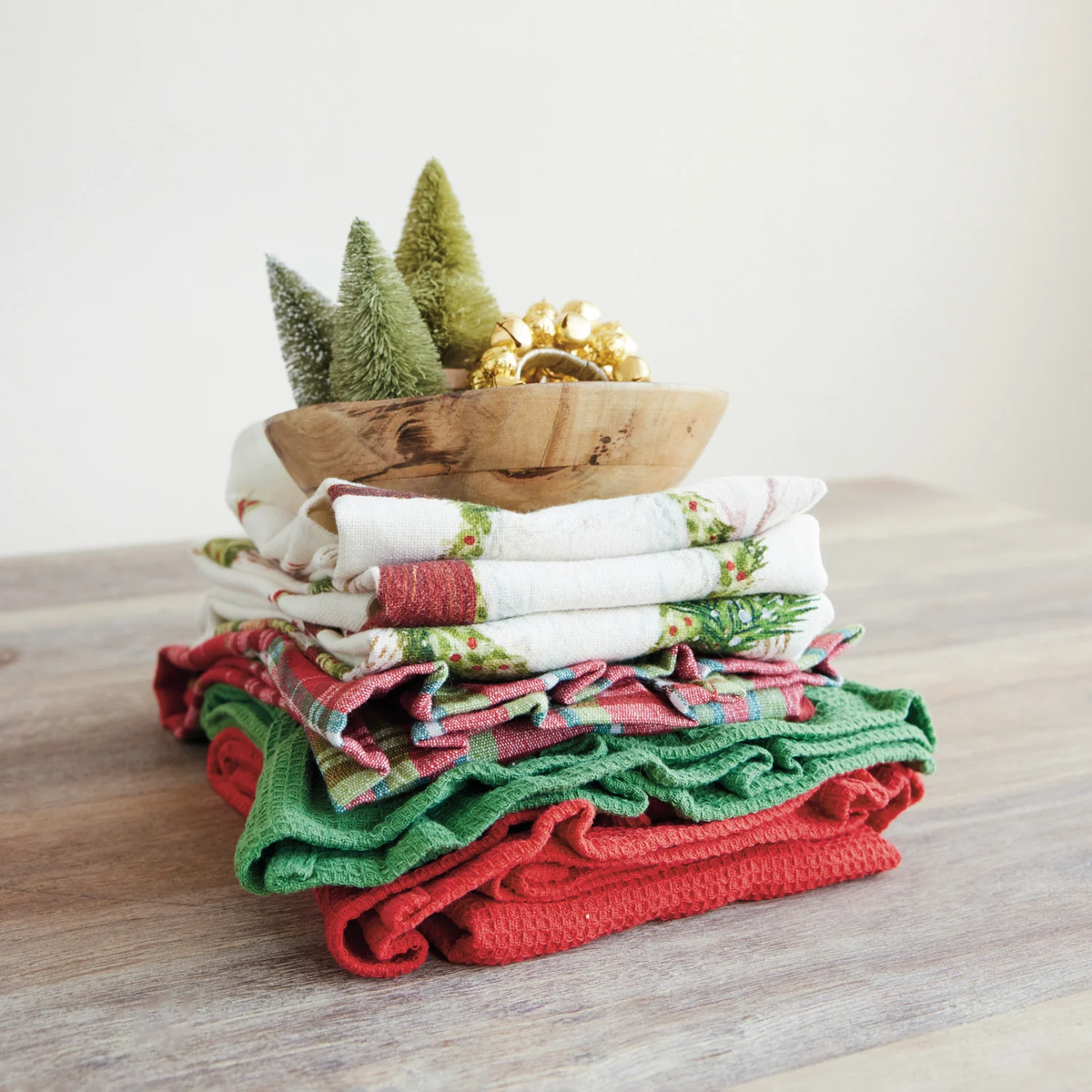 Woven Cotton Waffle Weave Tea Towels with Ruffle - Set of 3