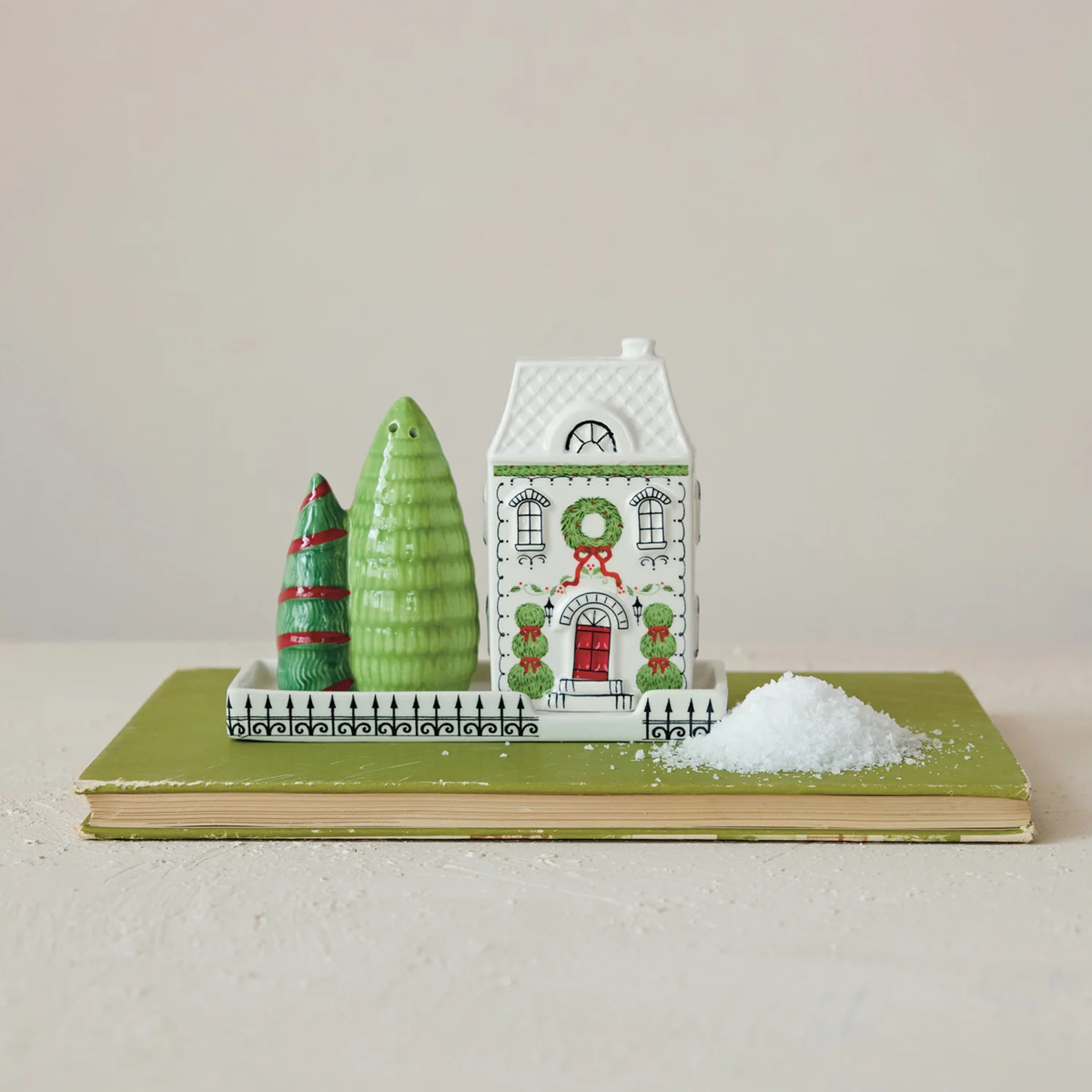 Ceramic House & Trees Shaped Salt & Pepper Shakers w/ Tray