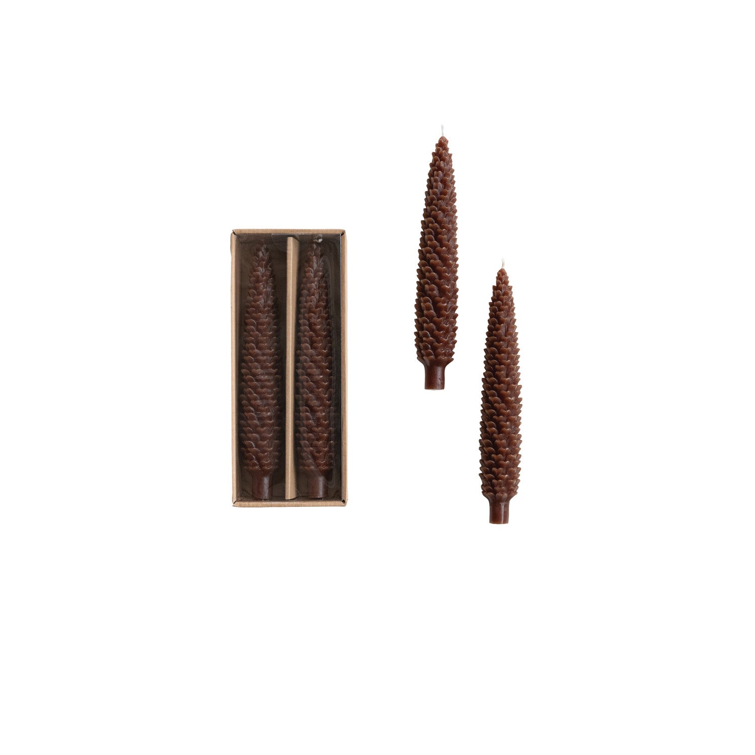 Brown Unscented Pinecone Shaped Taper Candles in Box - Set of 2
