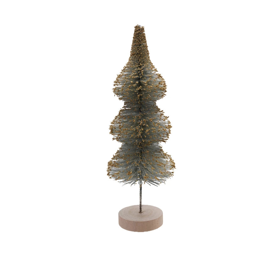 Medium Sisal Bottle Brush Tree with Gold Glitter & Wood Base