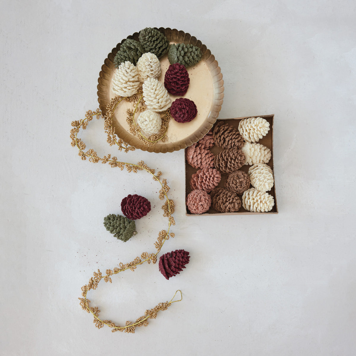 Faux Pinecones with Glitter Boxed Set of 9: Green, Cream, Burgundy