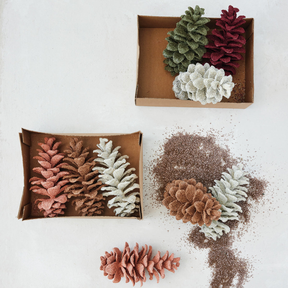 Faux Pinecones with Glitter, White, Green & Burgundy, Boxed Set of 3