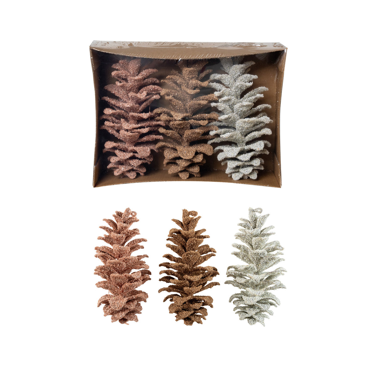 Faux Pinecones with Glitter, Pink, Brown & White, Boxed Set of 3