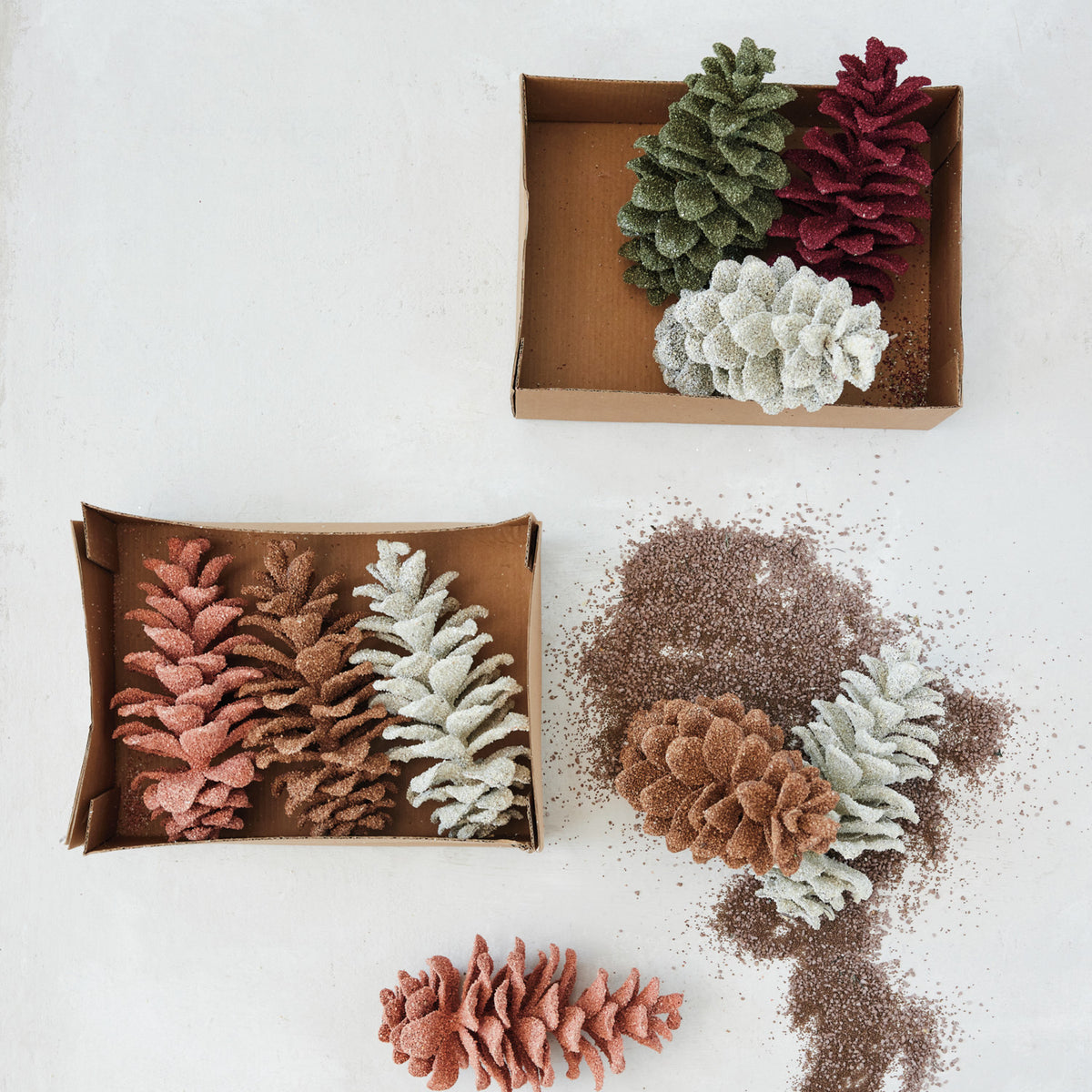Faux Pinecones with Glitter, Pink, Brown & White, Boxed Set of 3